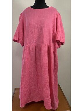 Pink Cotton Gauzy Grace +Karma Midi Dress Balloon Sleeves 2X Beach Casual Summer